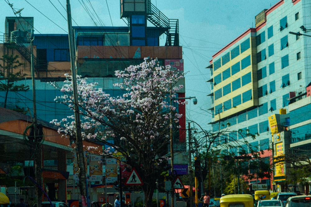 a city street filled with traffic next to tall buildings