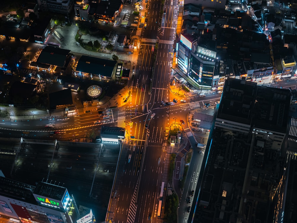 an aerial view of a city at night