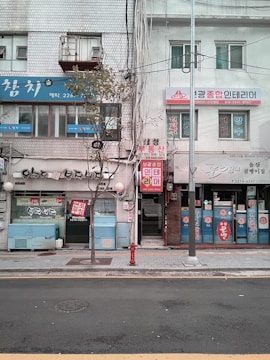 A street view of a row of small businesses in an urban area. The buildings have a mixture of signs in Korean, displaying a combination of blue, red, and white colors. A narrow sidewalk separates the storefronts from the street. Sparse trees and a streetlight are visible, adding to the urban atmosphere.