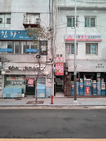 A street view of a row of small businesses in an urban area. The buildings have a mixture of signs in Korean, displaying a combination of blue, red, and white colors. A narrow sidewalk separates the storefronts from the street. Sparse trees and a streetlight are visible, adding to the urban atmosphere.