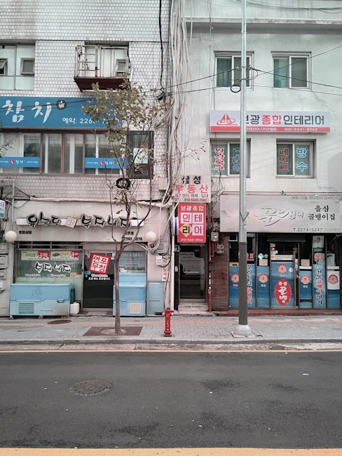 A street view of a row of small businesses in an urban area. The buildings have a mixture of signs in Korean, displaying a combination of blue, red, and white colors. A narrow sidewalk separates the storefronts from the street. Sparse trees and a streetlight are visible, adding to the urban atmosphere.