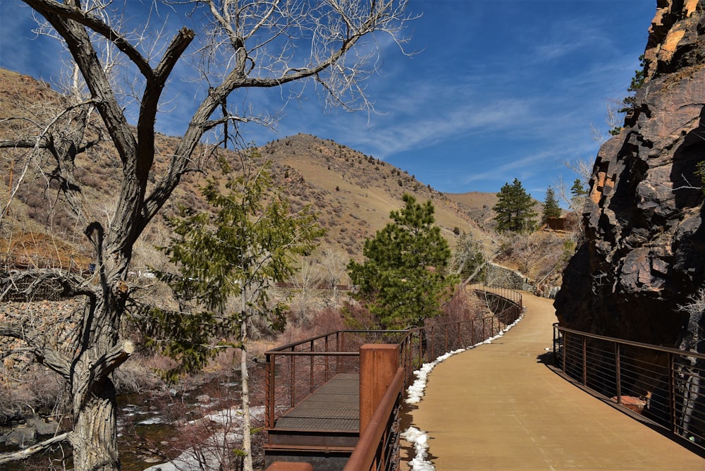 a wooden walkway leading to a large cliff