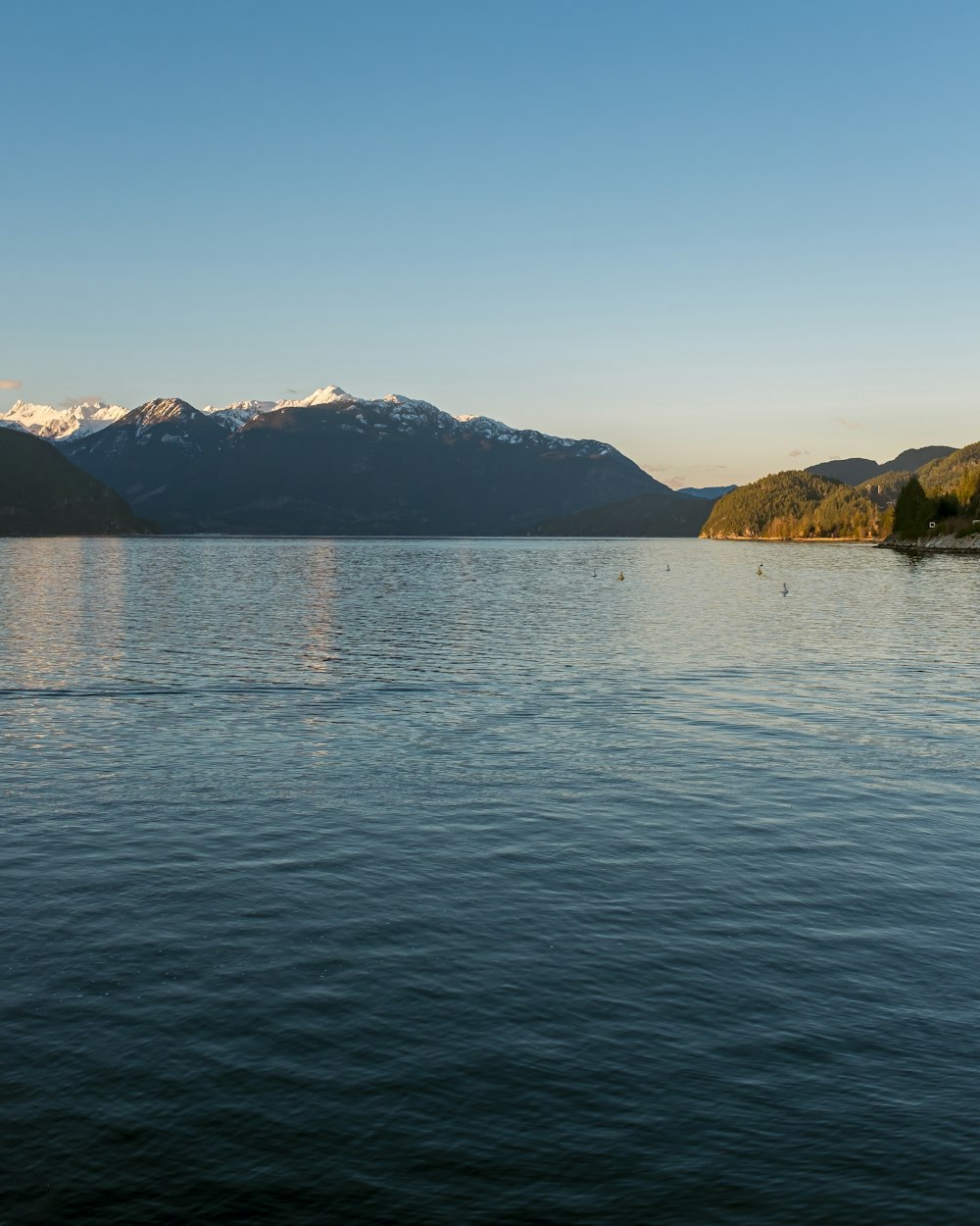 a body of water with mountains in the background