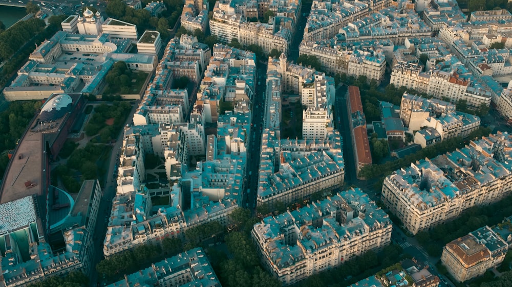 an aerial view of a city with lots of buildings