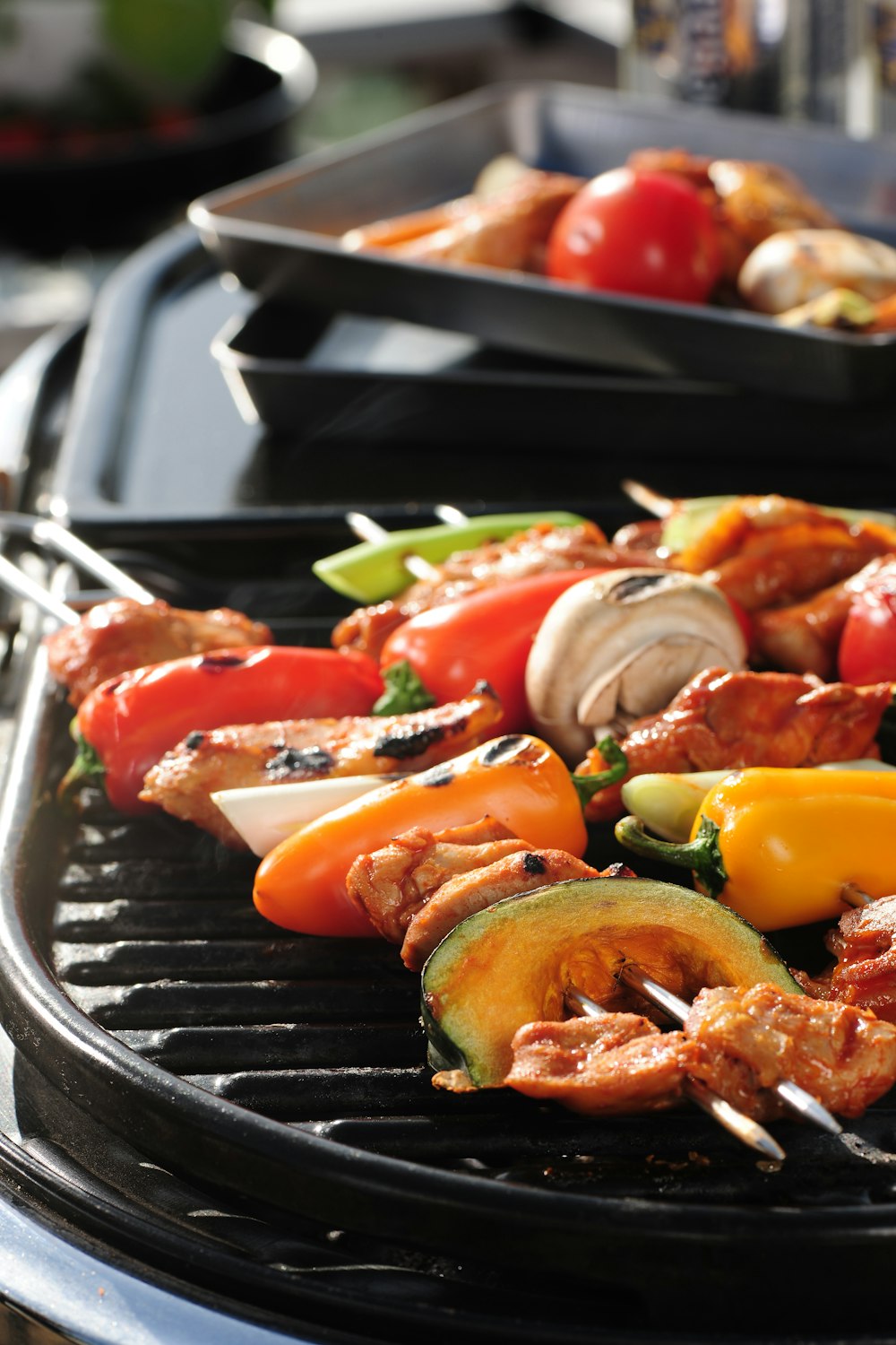 a close up of a grill with food on it