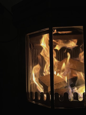 Close-up of a modern wood stove with visible flames inside.