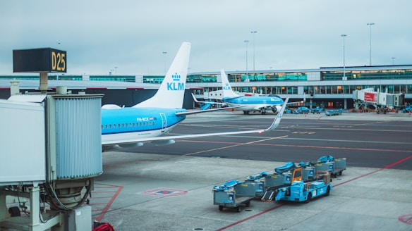 A busy airport scene featuring two airplanes on the tarmac, marked with KLM branding. In the foreground, ground service equipment and carts stand nearby. The airport terminal is visible in the background, housing multiple gates and large windows. The weather appears overcast, casting a muted light over the scene.