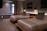 A modern hotel room features two neatly made double beds with striped pillows and runners. The room has a minimalist design with neutral tones, decorated with framed pictures and wall-mounted lights above the beds. A small seating area by a large window adds to the comfortable atmosphere.