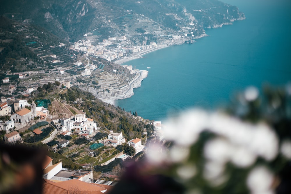 a view of a town and a body of water