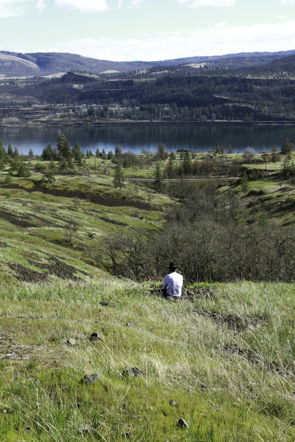 a man sitting on top of a lush green hillside