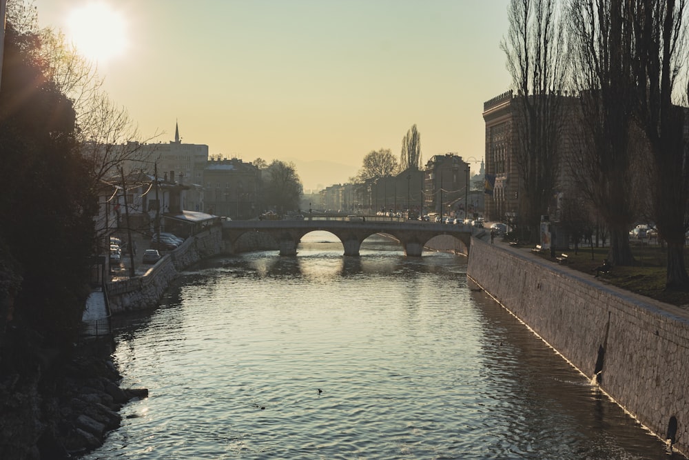 a river with a bridge and buildings in the background