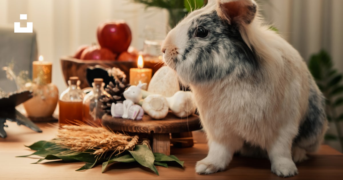A rabbit sitting on a table next to a basket of food photo – Free Iran ...