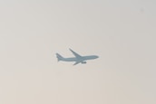 A commercial airplane is silhouetted against a pale sky, with its wings and tail clearly visible. The image conveys a sense of movement and travel.