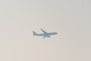 A commercial airplane is silhouetted against a pale sky, with its wings and tail clearly visible. The image conveys a sense of movement and travel.