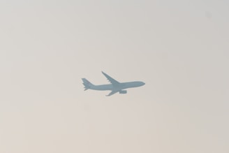 A commercial airplane is silhouetted against a pale sky, with its wings and tail clearly visible. The image conveys a sense of movement and travel.
