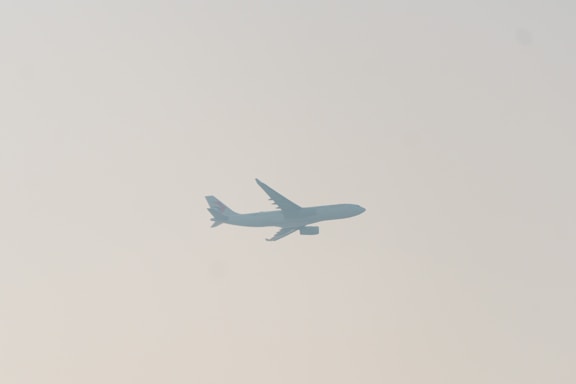 A commercial airplane is silhouetted against a pale sky, with its wings and tail clearly visible. The image conveys a sense of movement and travel.
