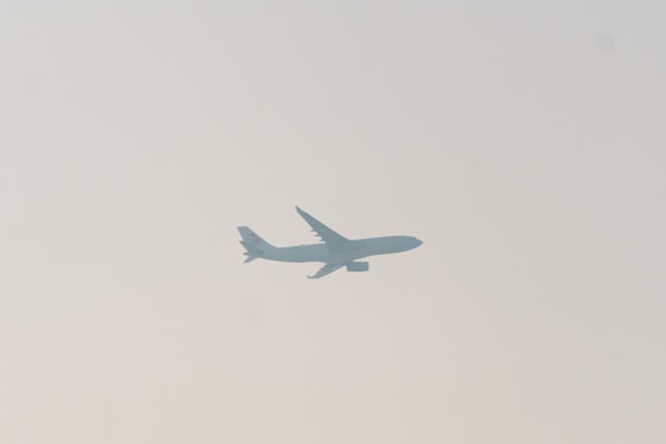 A commercial airplane is silhouetted against a pale sky, with its wings and tail clearly visible. The image conveys a sense of movement and travel.