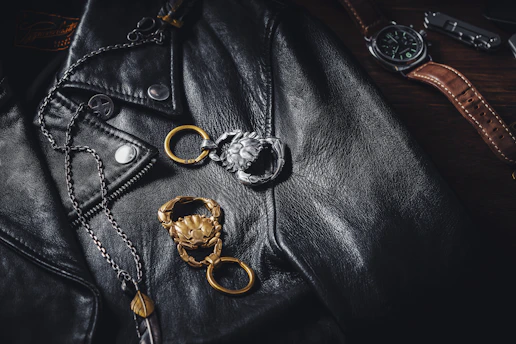 a black leather jacket with a bunch of keys on it