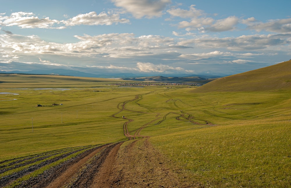 a dirt road going through a lush green field