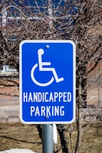 A blue sign with a white wheelchair symbol and the words 'Handicapped Parking' is posted on a metal pole. It is located outdoors, with leafless branches and a blurred background indicating a natural setting.
