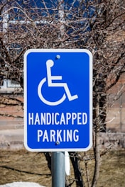 A blue sign with a white wheelchair symbol and the words 'Handicapped Parking' is posted on a metal pole. It is located outdoors, with leafless branches and a blurred background indicating a natural setting.