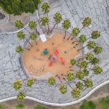 Children playing happily in the landscaped playground surrounded by palm trees.