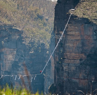 a man walking across a rope bridge over a river