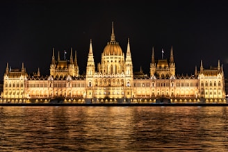 A large building that is lit up at night