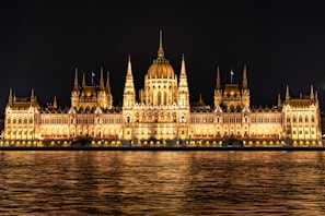 A large building that is lit up at night