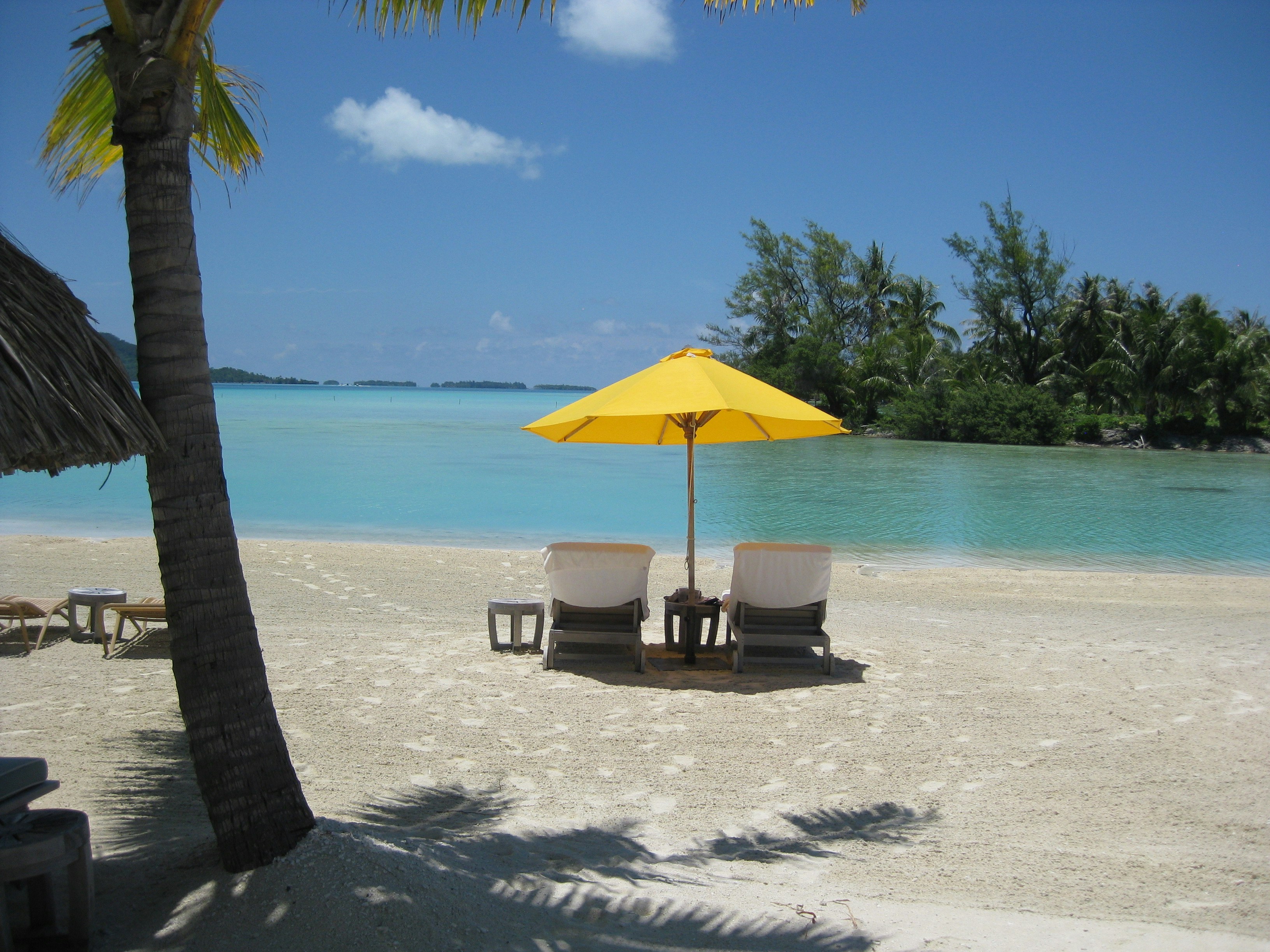 two chairs under a yellow umbrella on a beach