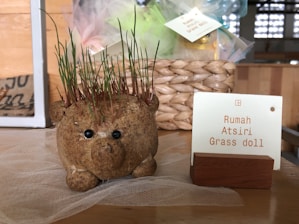 A whimsical grass doll with small black eyes and growing grass blades on its head sits on a surface. To the right, a white card with the text 'Rumah Atsiri Grass doll' is placed on a wooden holder. A woven basket with assorted items can be seen in the background.