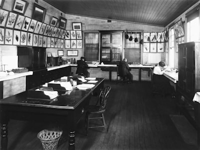 A historical room with wooden floors and high ceiling, featuring several desks and shelves. Botanical illustrations and prints adorn the walls. Three individuals are seated at different workstations, either writing or studying. The room is lit by several windows on the right side, allowing natural light to illuminate the space.