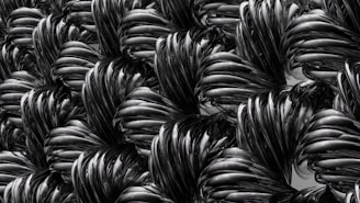 Abstract pattern of intertwined black and gray curves resembling twisted, shiny metallic or plastic material with a smooth, glossy texture.