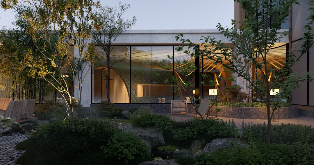 a building with a lot of windows and trees, Refined villa with Chinese characteristics. Rendered with D5, the real-time ray-tracing rendering software https://www.d5render.com/.