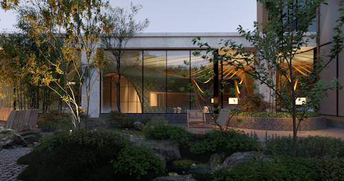 A modern architectural setting with large glass windows reflecting a softly lit interior. The foreground features a lush garden with various trees, shrubs, and rocks. There's a patio area with comfortable seating next to a small water feature, creating a serene outdoor living space.