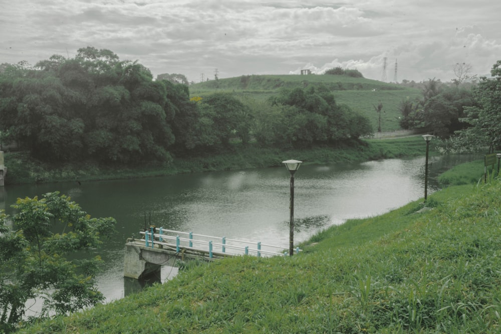 a bridge over a river in a lush green field