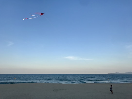 A beach scene depicting a child flying a red kite against a clear blue sky. The ocean is calm, and the scene is peaceful with distant mountains visible on the horizon. The child is standing on the sandy shore, focusing on the kite.
