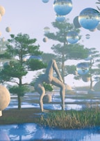 Surreal landscape with abstract humanoid sculptures set in a grassy terrain dotted with small bodies of water. Numerous reflective spheres float in the air, mirroring the vibrant greens of the trees and the blues of the sky and water below. The scene merges elements of nature with imaginative, dream-like visuals, creating an imaginative and intriguing atmosphere.