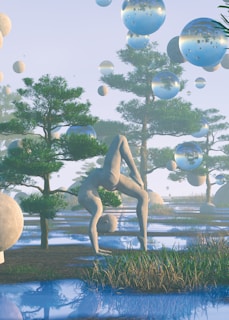 Surreal landscape with abstract humanoid sculptures set in a grassy terrain dotted with small bodies of water. Numerous reflective spheres float in the air, mirroring the vibrant greens of the trees and the blues of the sky and water below. The scene merges elements of nature with imaginative, dream-like visuals, creating an imaginative and intriguing atmosphere.
