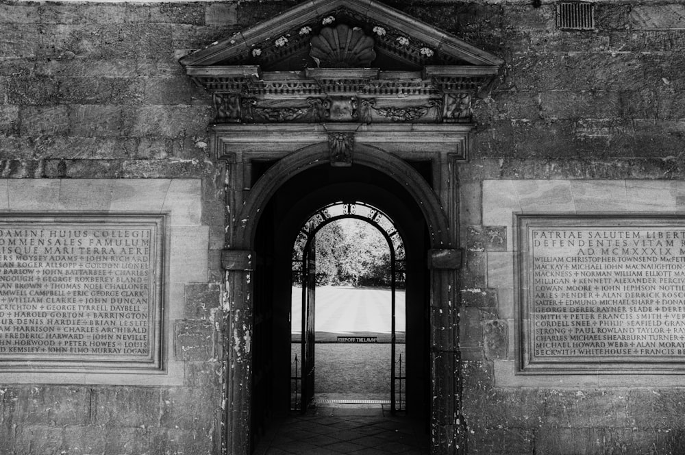 a black and white photo of the entrance to a building