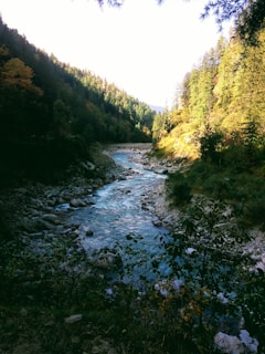 A serene mountain stream reflecting clear skies, where the divine and earthly meet.