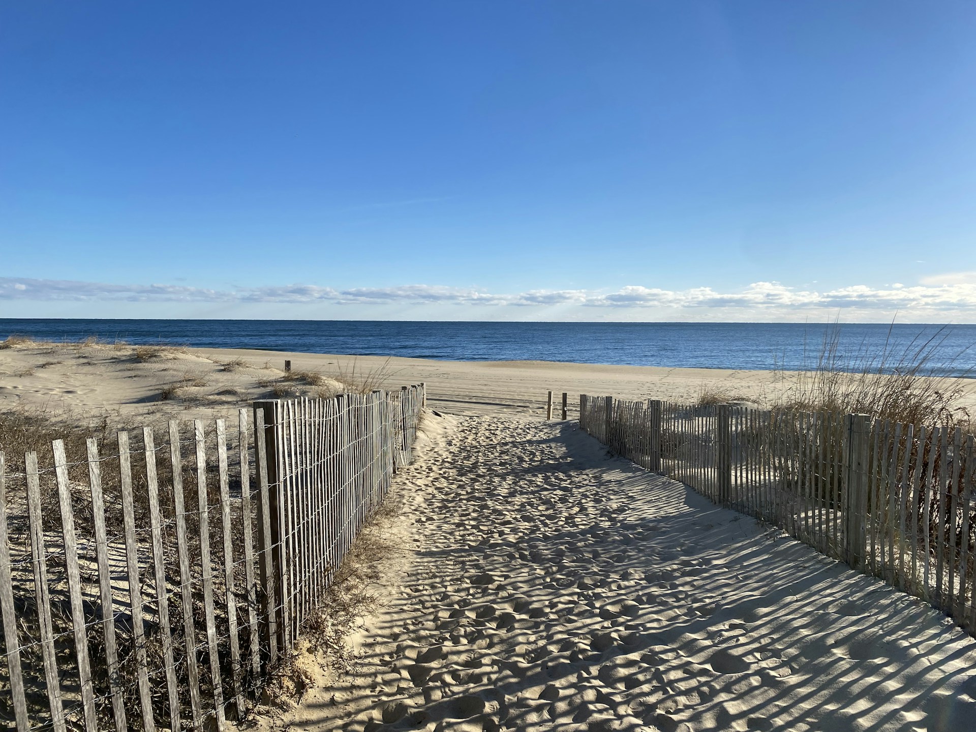 a sandy path leading to the beach with the ocean in the background