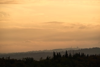 A serene landscape painting depicting rolling hills and sunset.