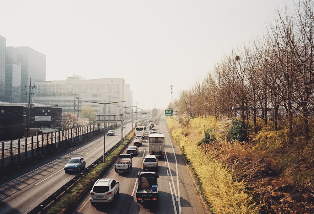 a highway filled with lots of traffic next to tall buildings