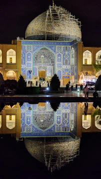 Before and after images of a mosque renovation showing fresh paint and restored architecture.