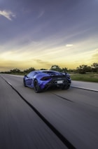 A vibrant sports car speeding along a coastal road under a clear blue sky.