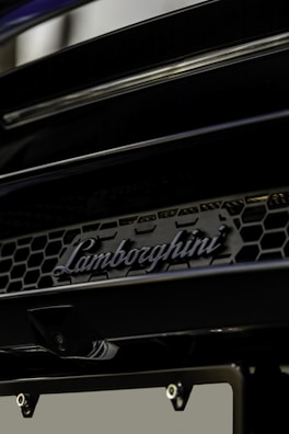 A close-up view of a Lamborghini badge on a black car grille, featuring a honeycomb pattern and sleek design elements.