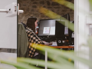 A person is seated at a desk in front of multiple computer monitors, working attentively. The workspace is framed by greenery from a plant in the foreground, and the surrounding environment features a stone wall, adding a rustic touch.