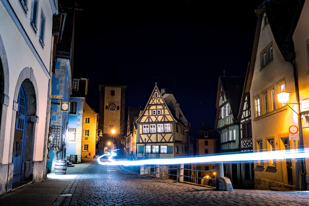 a long exposure shot of a street at night