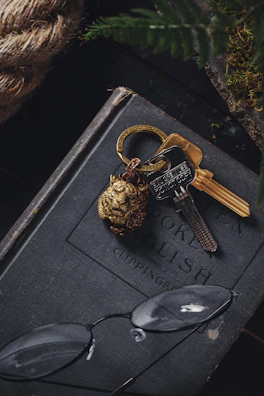 A vintage brass key and aged leather-bound book on a deep forest green velvet.